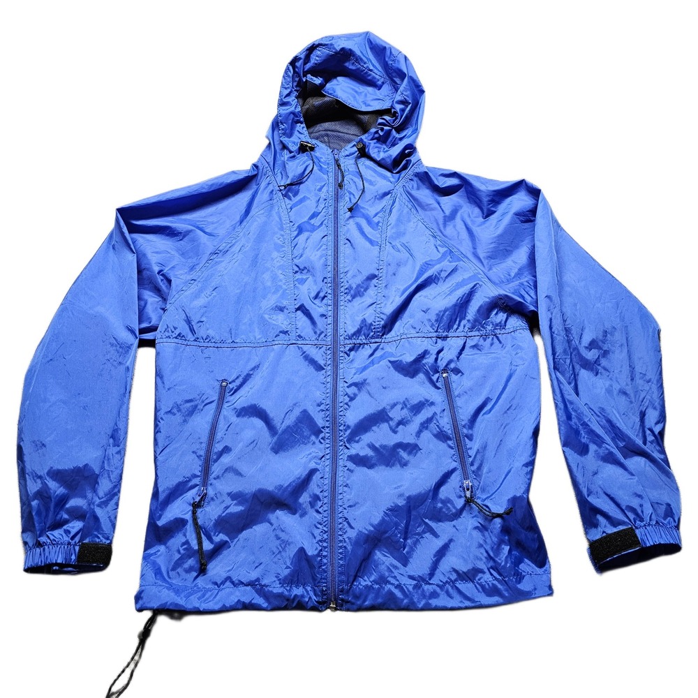 REI Windbreaker Jacket Mens Medium Blue Hooded Mesh Lined Inner Pockets Full Zip